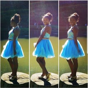 Blue 2-Piece Prom formal dress